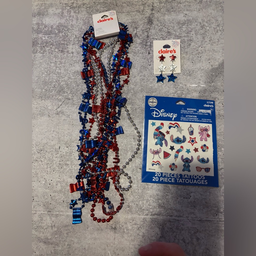 Claire’s 4th of July Bundle - 20 Disney Stitch Tattoos, Necklace, Earrings NEW
